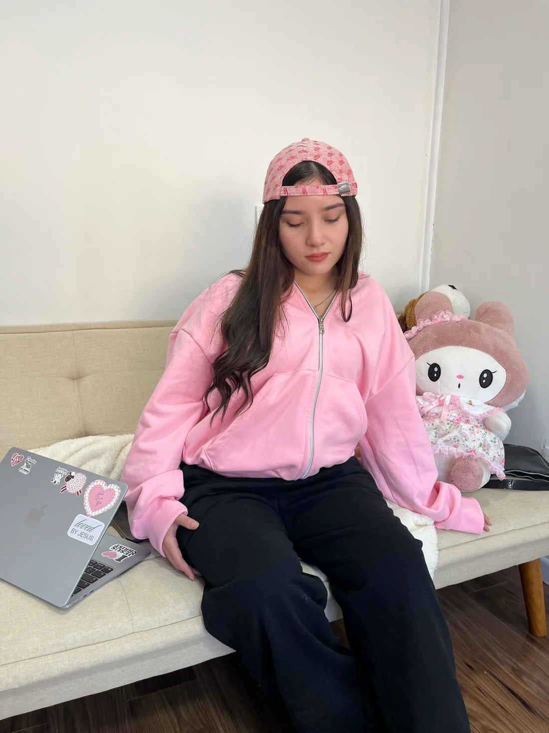 Hoodie Manga Globo Zip Cierre Pink
